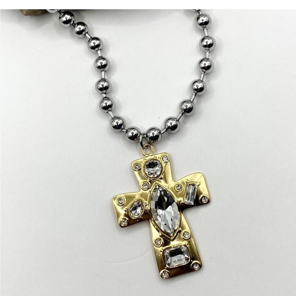 Urban Outfitters Jewelry - NEW Gold Rhinestone Cross & Silver Bead Necklace